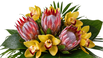 Isolated tropical flower bouquet featuring vibrant king protea and delicate yellow orchids © Antonio