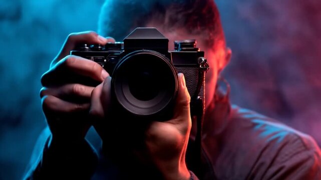 Photographer aiming a camera capturing image illuminated by colored lights