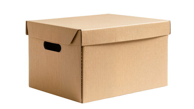 Isolated empty corrugated cardboard archive storage box with a removable lid and handle cutout