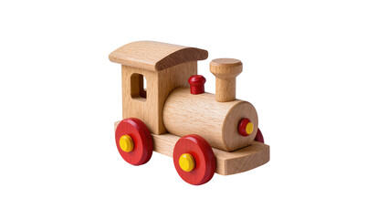 Isolated classic wooden toy train with red wheels, an iconic symbol of childhood fun © Antonio