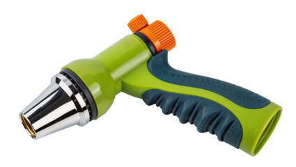 Isolated vibrant green and dark blue garden watering nozzle with orange accents and metal tip