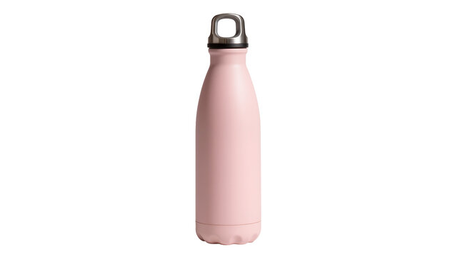 Isolated insulated pale pink reusable water bottle with a metal carrying loop