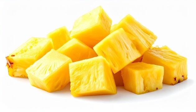 Pile of Freshly Cut Pineapple Chunks on White Background.