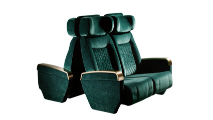 Fototapeta premium Isolated elegant dark green velvet cinema seats with diamond quilted backrests and golden armrests