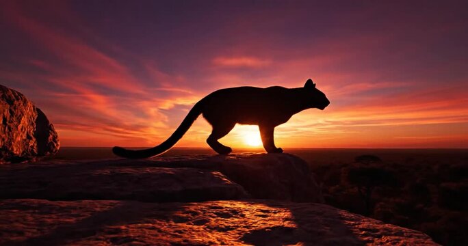 Fossa Silhouette at Sunset on Madagascar Rocky Outcrop