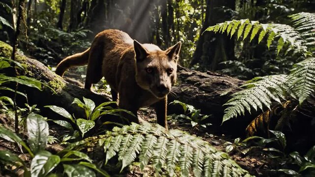 Fossa predator stalking through dense rainforest