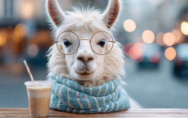 Fototapeta premium Llama in Designer Scarf with Round Glasses and Drink