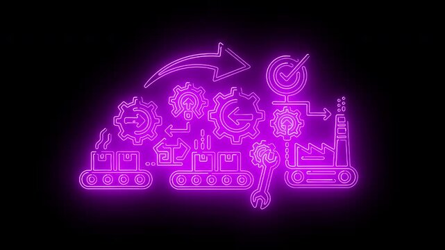Neon purple illustration of industrial gears and machinery with an arrow on a black background with a futuristic mood.