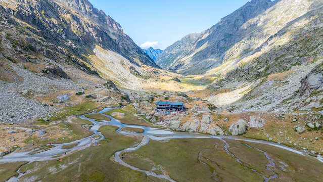 Aerial View of the Hut Refuge des Oulettes de Gaube Near Vignemale Mountain in the Pyrenees