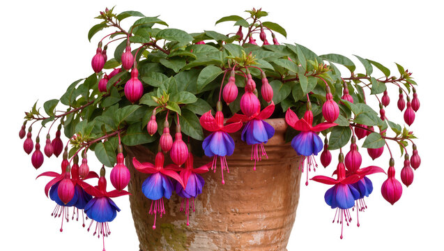 Isolated vibrant fuchsia plant with pink and blue flowers in a rustic terracotta pot