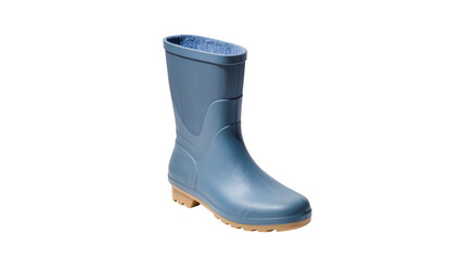 Isolated blue rubber rain boot, mid-calf height, with ribbed shaft and cozy fleece lining © Nuria