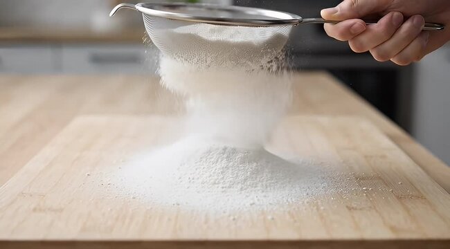 Person sifting flour on a wooden board in the kitchen to bake