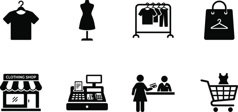 Professional Shopping and Retail Store Icon Set Featuring Clothing Shop Displays Cash Registers Shopping Carts and Apparel Sales Silhouettes