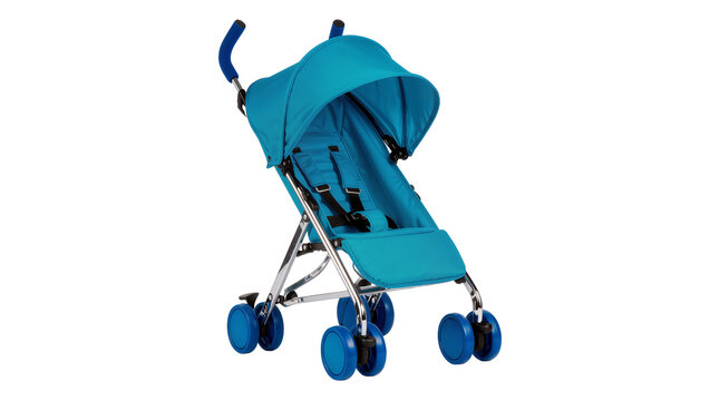 Isolated bright blue lightweight baby stroller with sun canopy, child's outdoor gear.