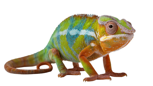 Isolated vibrant multi-colored Panther chameleon showing distinct patterns and curled tail
