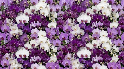 Fototapeta premium Tropical floral texture made of orchids in purple and white tones arranged tightly as a seamless pattern