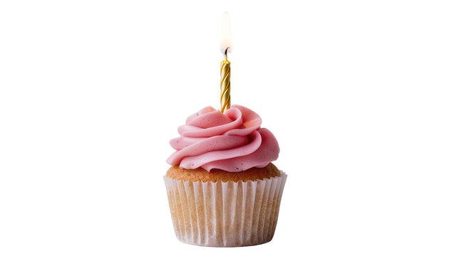 Isolated festive birthday cupcake with pink frosting and a glowing golden lit candle