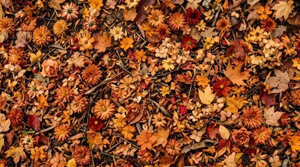 Natural floral background texture made of fallen autumn flowers and petals, warm tones, organic pattern