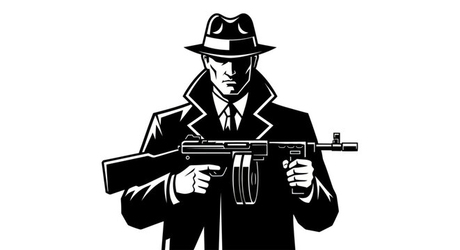 Man in Suit Holding Machine Gun.