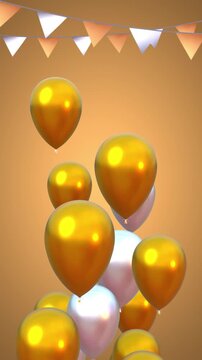 Happy birthday congratulation video with golden and white balloons flying up and confetti falling down. Anniversary celebration loop animation