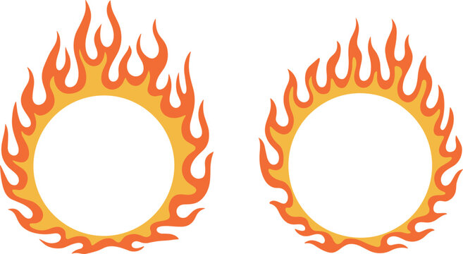 Set of circular fire flame frames, vibrant burning orange ring vector for creative logo or border design