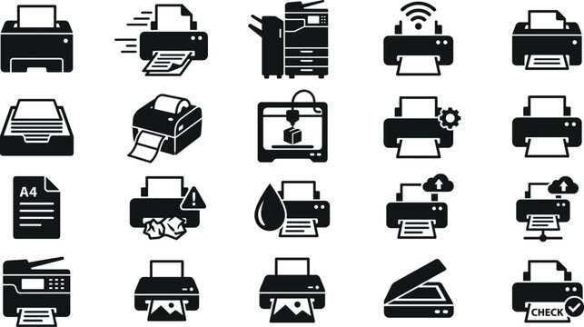 Professional Printer and Scanner Icon Set Featuring Laser Printers Office Photocopiers 3D Printing Label Makers and Cloud Wireless Printing Silhouettes