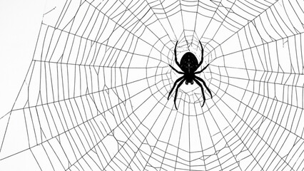 Obraz premium Black spider silhouette in the center of a spider web isolated on white