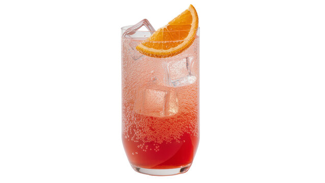 Isolated refreshing pink sparkling drink with ice cubes and orange slice garnish