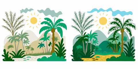 Obraz premium Stylized tropical landscapes with palm trees mountains and a sunny sky