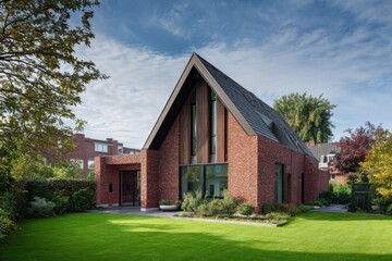 Obraz premium A contemporary house sits nestled in a vibrant green yard adorned with trees and shrubs. It's situated in an urban neighborhood, basking in the warmth of a bright, sunny day beneath a clear blue sky