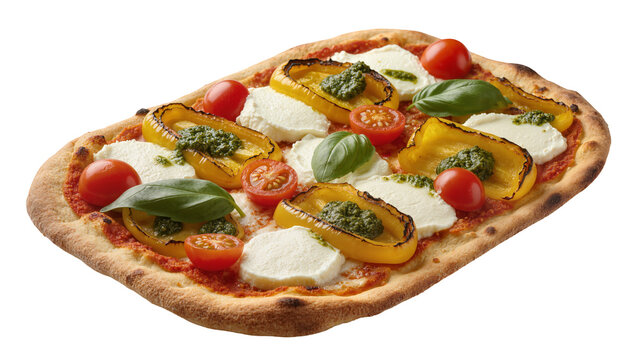 Isolated gourmet Italian flatbread pizza with mozzarella, roasted yellow peppers, pesto, and basil.