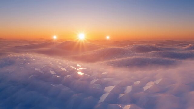 Enchanting snowscape with radiant sunsets and geometric ice formations, creating an ethereal dreamlike scene