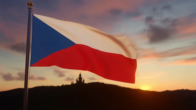 Czech flag waving at sunset landscape.