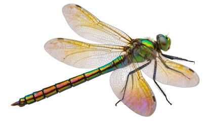 Isolated vibrant iridescent dragonfly with delicate translucent wings and a colorful segmented body.