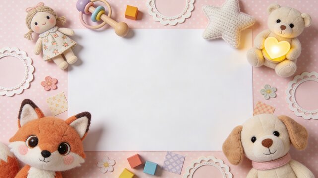 flat lay of children&rsquo;s arrangement with felt animals, doll, toys, pastel decorations on pink dotted background. ideal for girls&rsquo; greeting cards or invitation designs for special children&rsquo;s events.