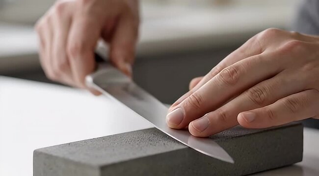 Sharpening a kitchen knife on a whetstone with focused and steady hands