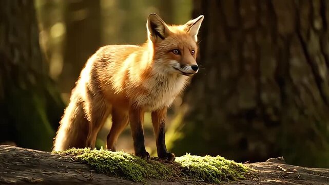 Red Fox Standing in Sunlit Forest Clearing on Mossy Ground.