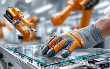 Fototapeta premium Robotic Machine Operator Handling Transparent Material
