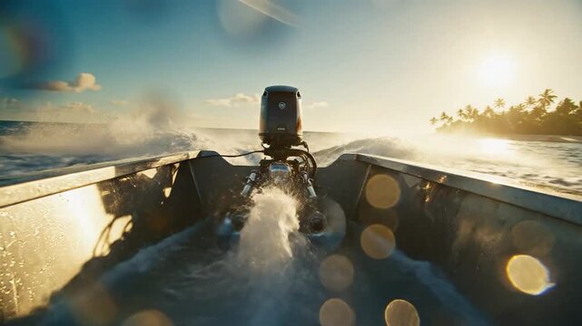 Powerful Outboard Motor Speeds a Racing Boat Through Ocean Waves