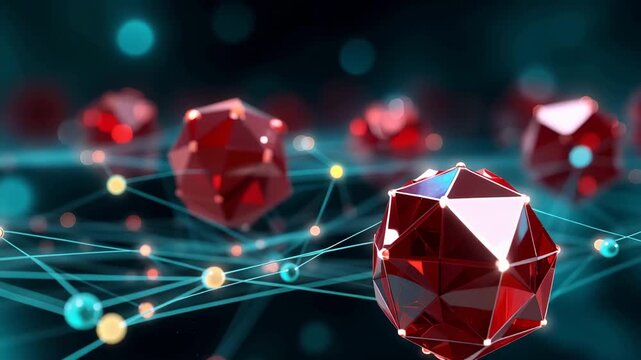 Abstract red crystals on digital network, blockchain technology, data connection, futuristic communication, low poly shapes, innovation, cyberspace, glowing nodes, modern tech background, 3D render