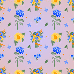 Fototapeta premium Pattern of illustrations of blue hydrangeas and yellow anemones on the pink background