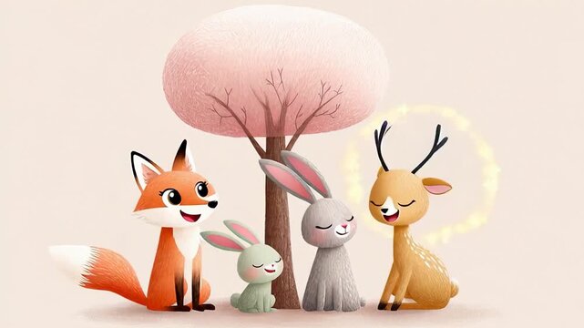 Cute forest animals frolic together: fox, rabbit, cat, and deer play by a tree