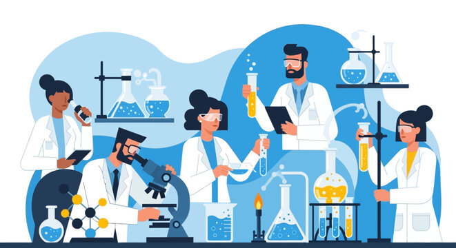 Diverse scientists in lab coats working with equipment, research, and experiments
