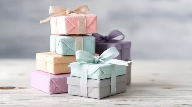 Stack of pastel gift boxes with bows on wooden surface for celebrations and special occasions