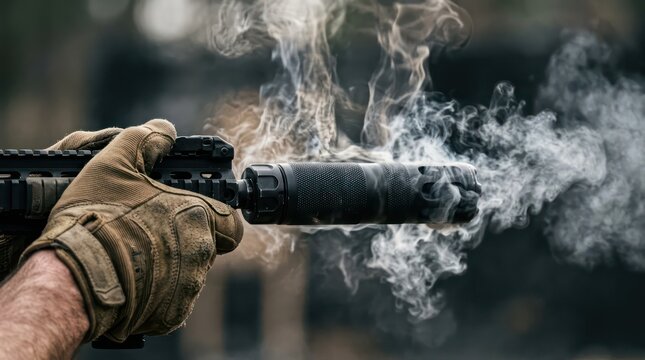 Professional Soldier Hand with Tactical Glove Holding Rifle with Smoking Suppressor after Combat Training Exercise
