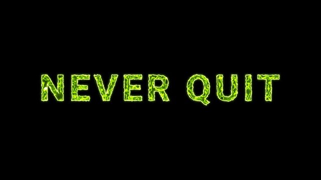 Never Quit Text Glowing Neon Green Energy Animation Isolated On Black Background