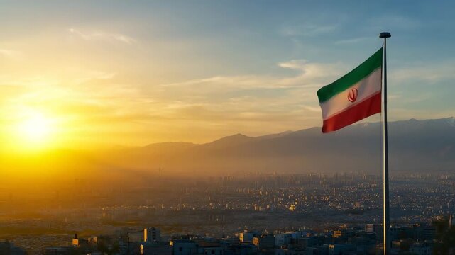 Iran Flag Overlooking Tehran Cityscape with Alborz Mountains ultra realistic panoramic photograph showing the Iranian flag mounted on a tall flagpole above the sprawling 4K
