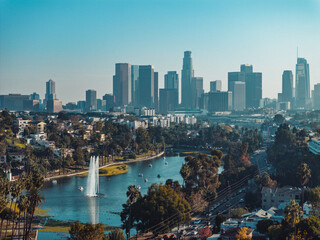 Naklejka premium Aerial shot of the Downtown Los Angeles with Echo Park in CA, USA.