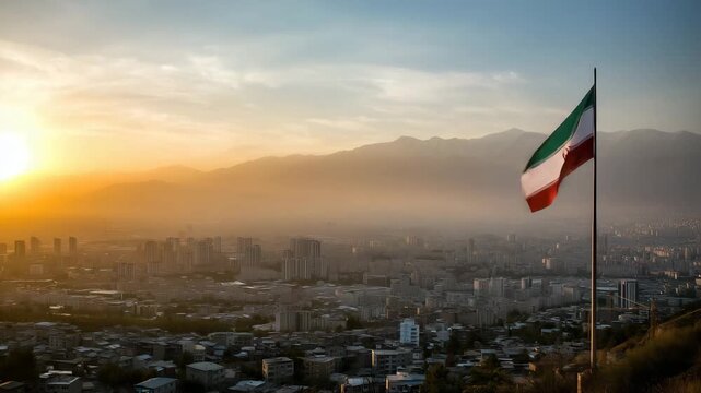 Iran Flag Overlooking Tehran Cityscape with Alborz Mountains ultra realistic panoramic photograph showing the Iranian flag mounted on a tall flagpole above the sprawling skyline  4K