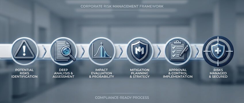 risk management, compliance, business strategy, analysis, mitigation, process, infographic showing a corporate framework for impact evaluation and mitigation planning in business.